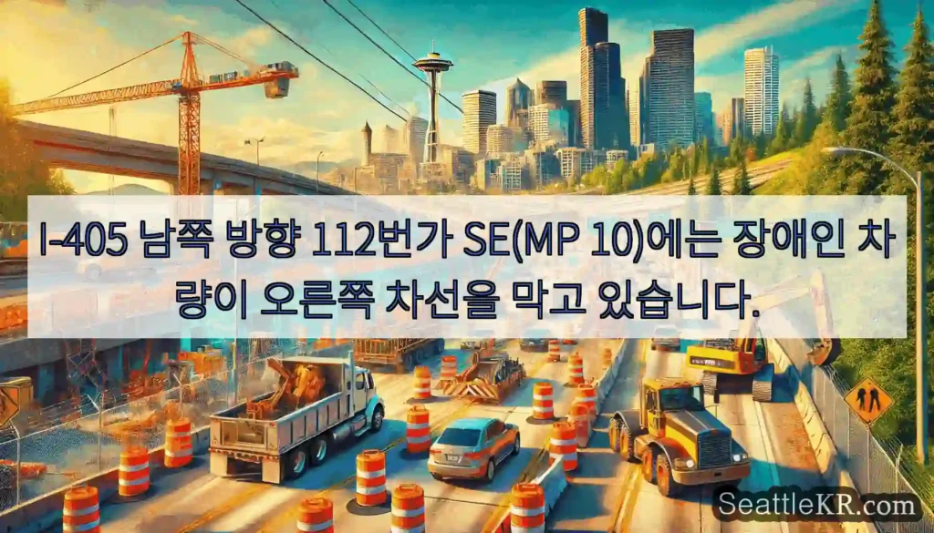 I-405 남쪽 방향 112번가 SE(MP 10)에는 장애인 차량이 오른쪽 차선을 막고