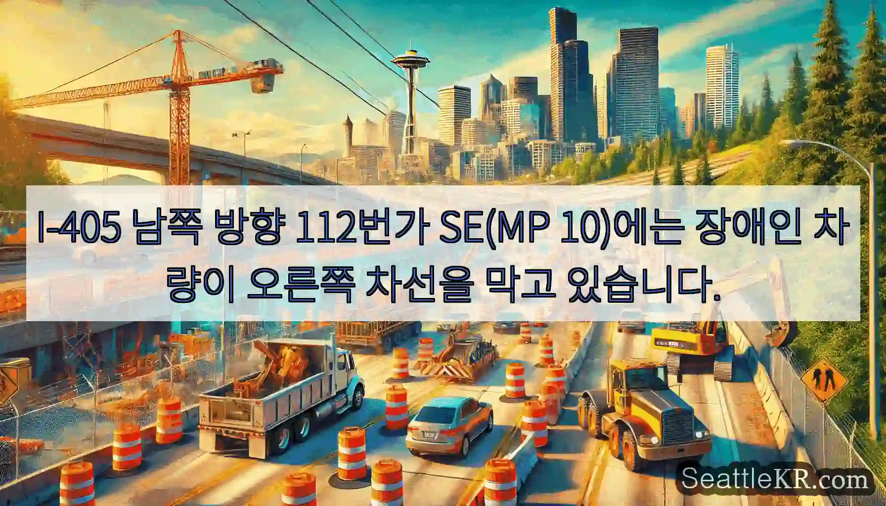 I-405 남쪽 방향 112번가 SE(MP 10)에는 장애인 차량이 오른쪽 차선을 막고