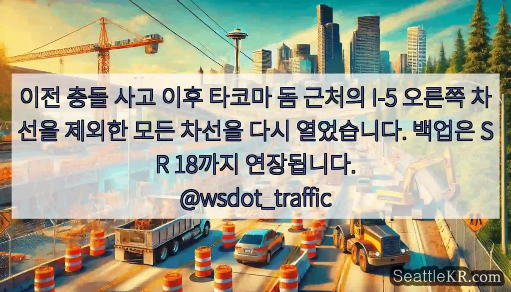 이전 충돌 사고 이후 타코마 돔 근처의 I-5 오른쪽 차선을 제외한 모든 차선을 다시