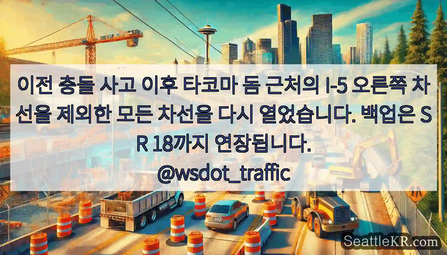 이전 충돌 사고 이후 타코마 돔 근처의 I-5 오른쪽 차선을 제외한 모든 차선을 다시