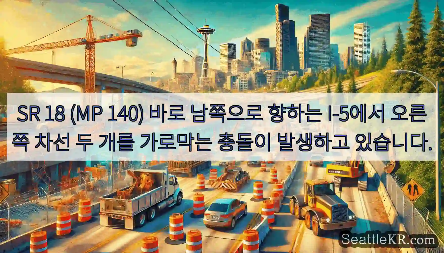 SR 18 (MP 140) 바로 남쪽으로 향하는 I-5에서 오른쪽 차선 두 개를 가로막는