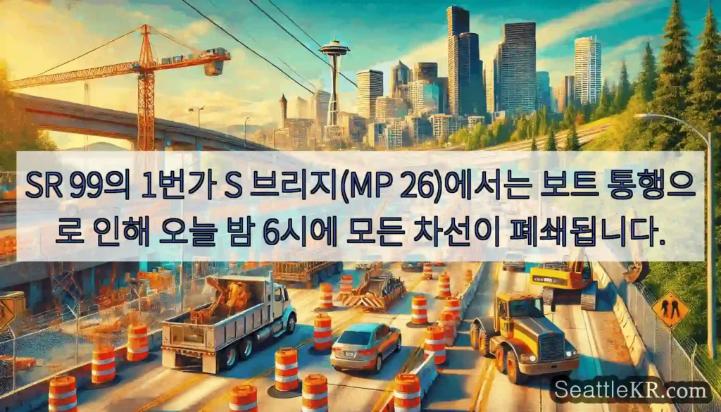 SR 99의 1번가 S 브리지(MP 26)에서는 보트 통행으로 인해 오늘 밤 6시에 모든