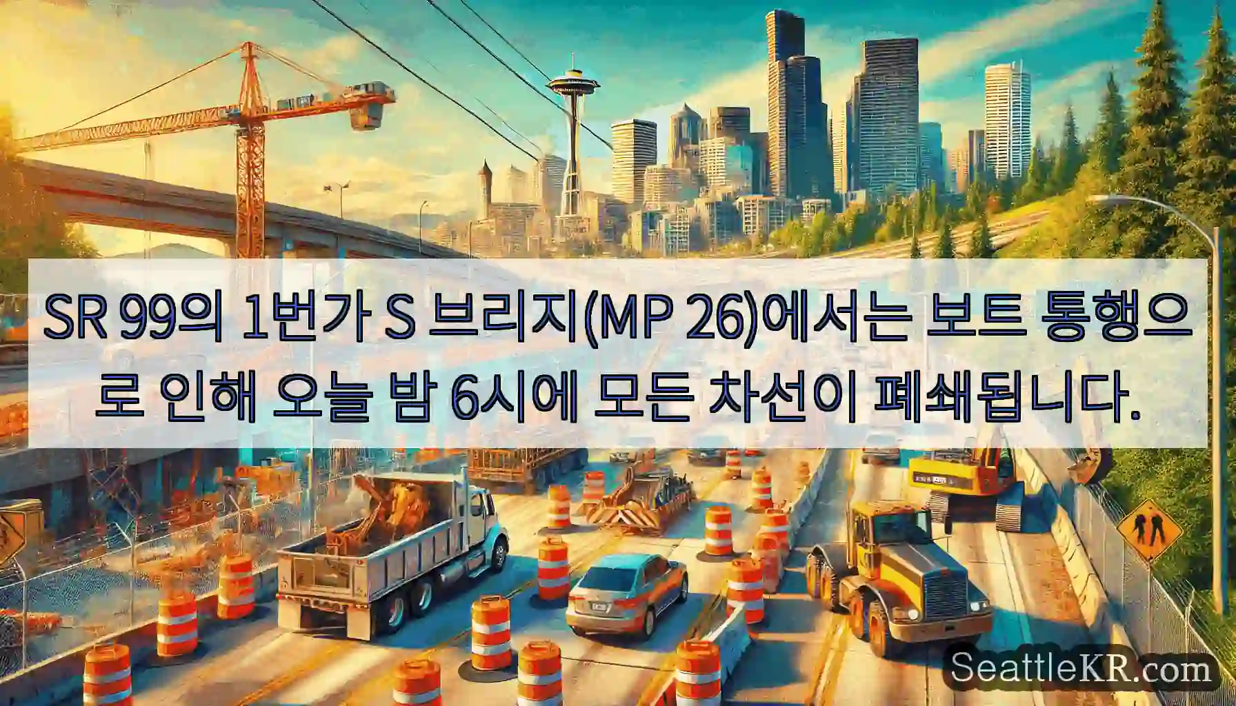 SR 99의 1번가 S 브리지(MP 26)에서는 보트 통행으로 인해 오늘 밤 6시에 모든