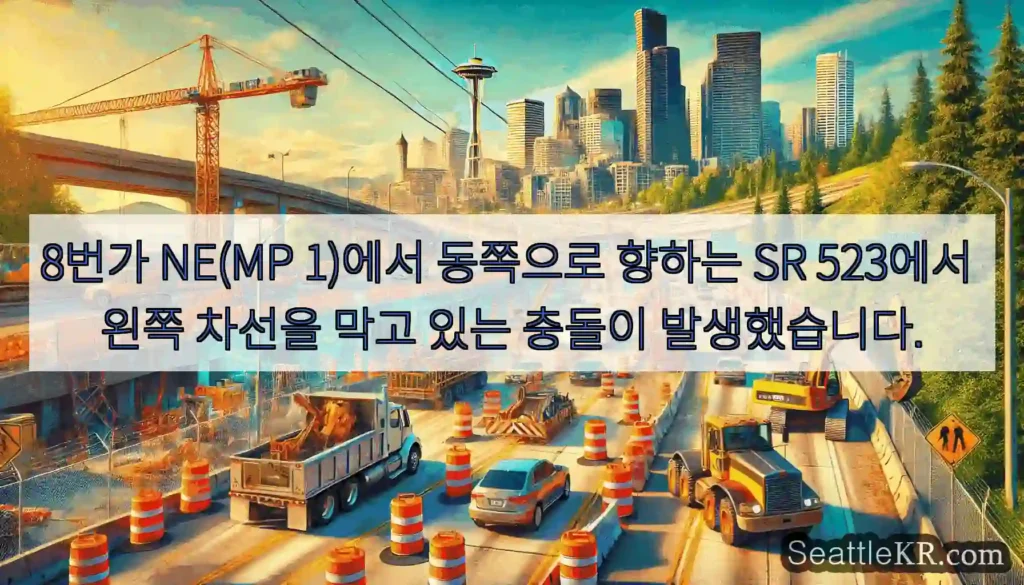 8번가 NE(MP 1)에서 동쪽으로 향하는 SR 523에서 왼쪽 차선을 막고 있는 충돌이