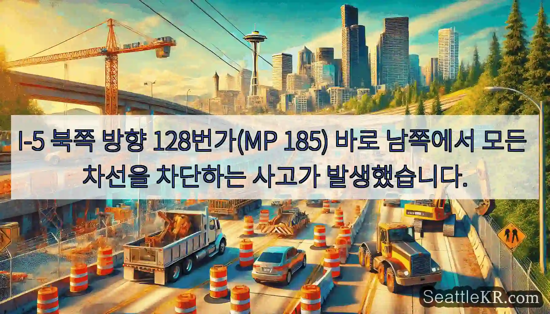 I-5 북쪽 방향 128번가(MP 185) 바로 남쪽에서 모든 차선을 차단하는 사고가
