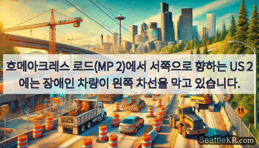 호메아크레스 로드(MP 2)에서 서쪽으로 향하는 US 2에는 장애인 차량이 왼쪽 차선을