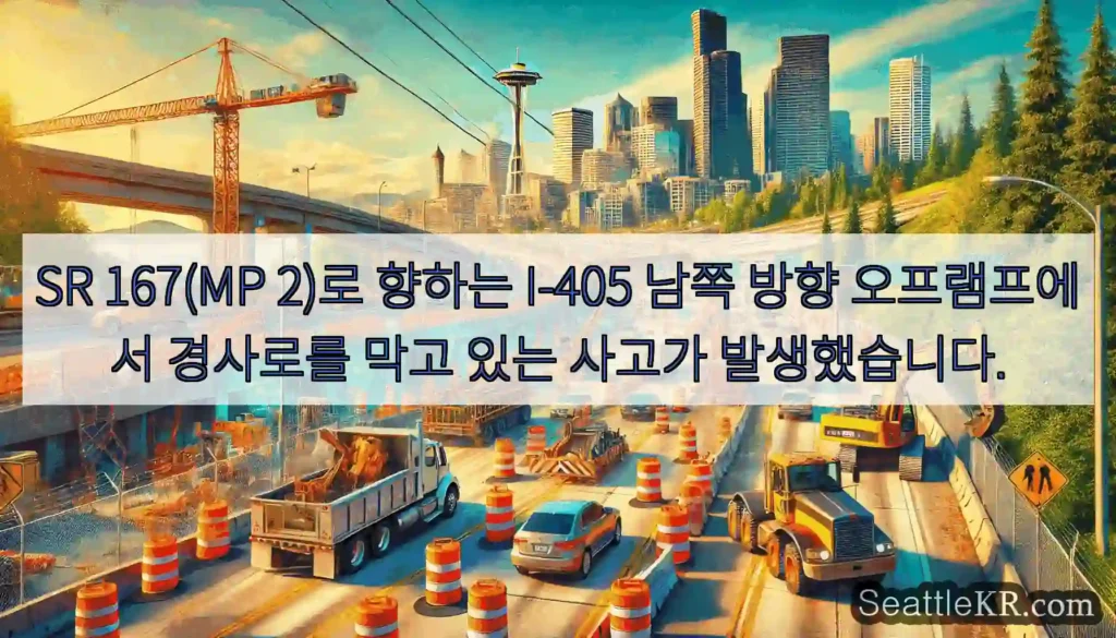 SR 167(MP 2)로 향하는 I-405 남쪽 방향 오프램프에서 경사로를 막고 있는