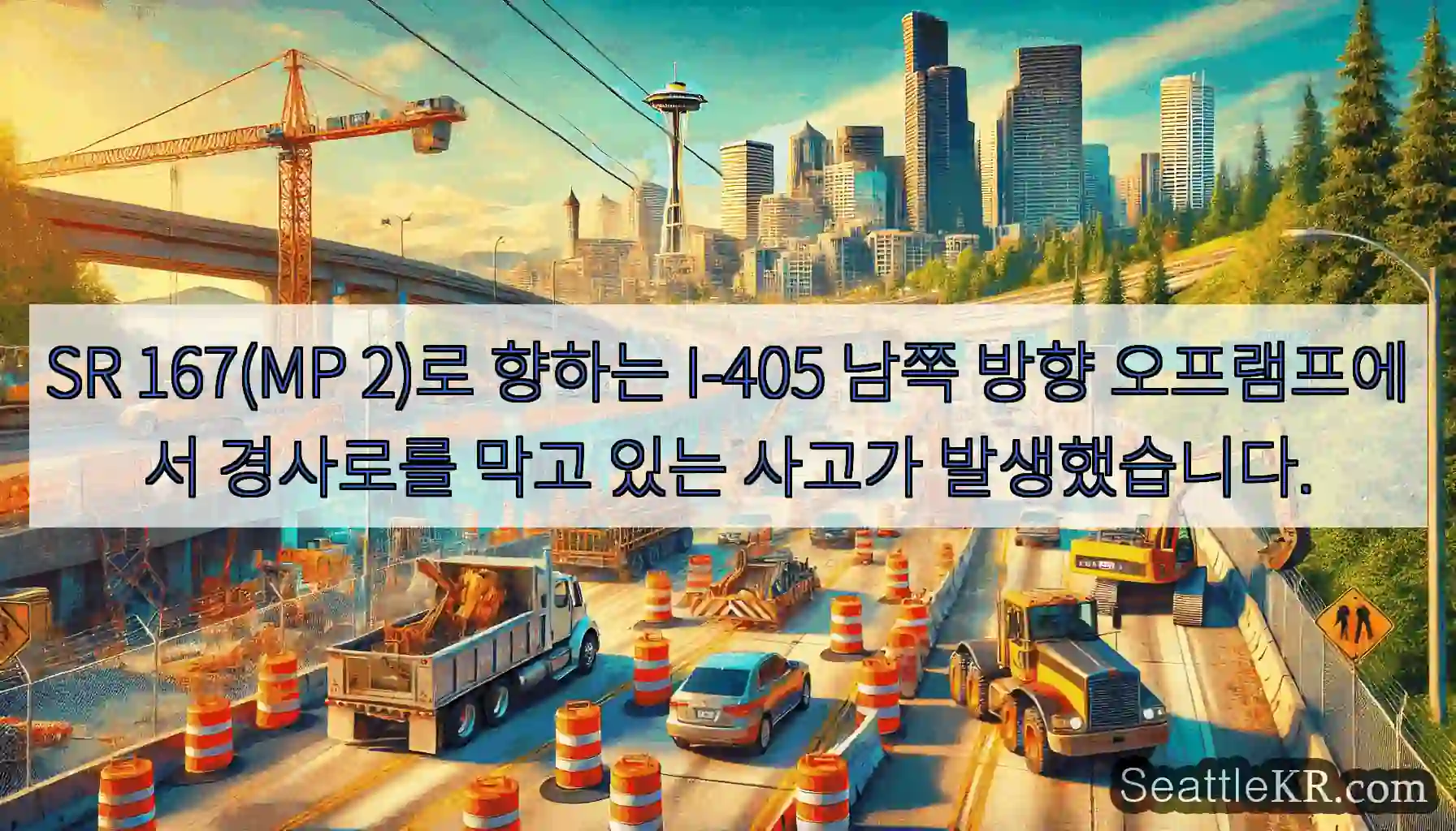 SR 167(MP 2)로 향하는 I-405 남쪽 방향 오프램프에서 경사로를 막고 있는