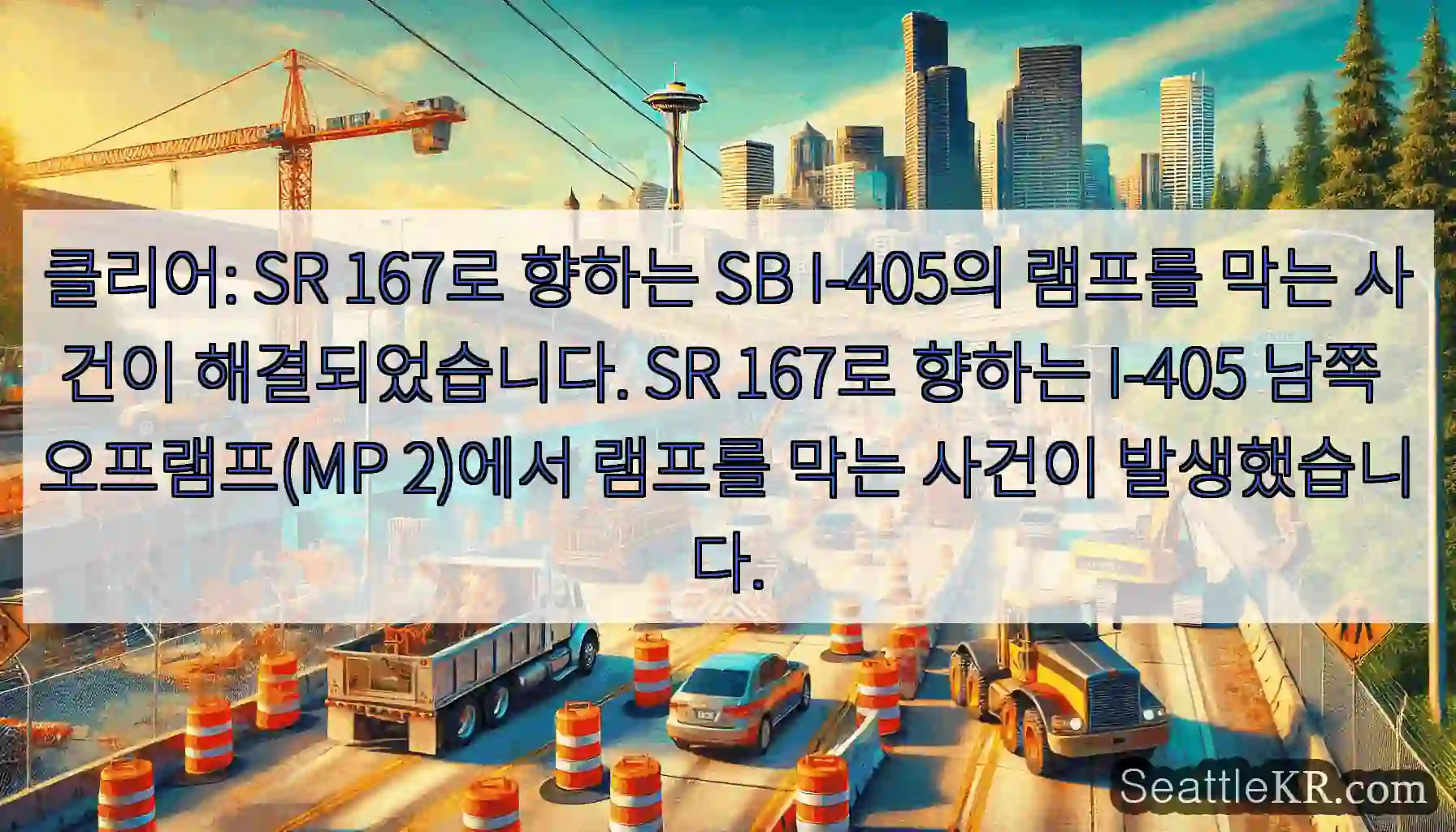 클리어: SR 167로 향하는 SB I-405의 램프를 막는 사건이 해결되었습니다. SR