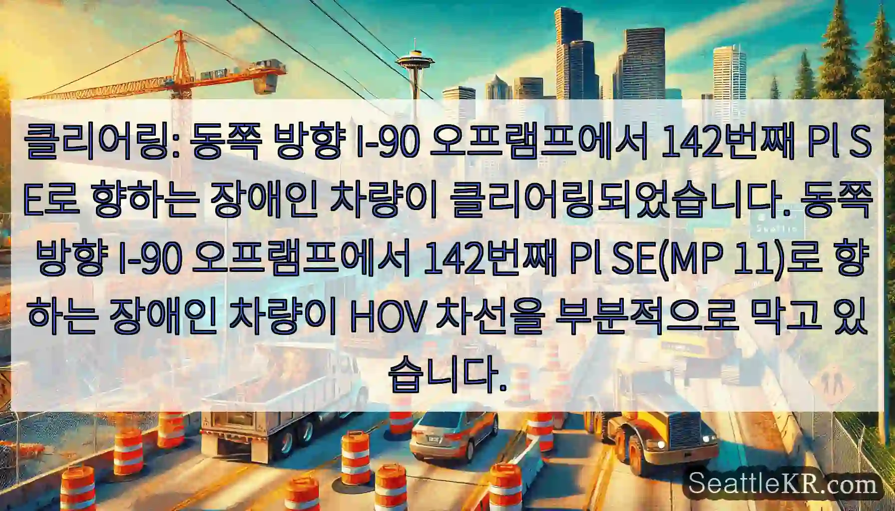 클리어링: 동쪽 방향 I-90 오프램프에서 142번째 Pl SE로 향하는 장애인 차량이