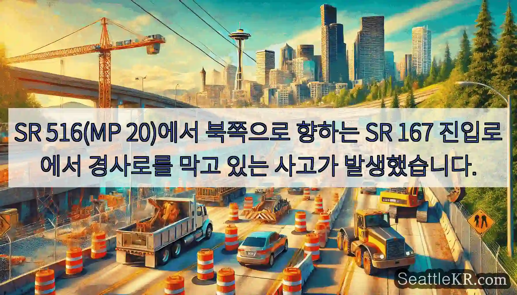 SR 516(MP 20)에서 북쪽으로 향하는 SR 167 진입로에서 경사로를 막고 있는