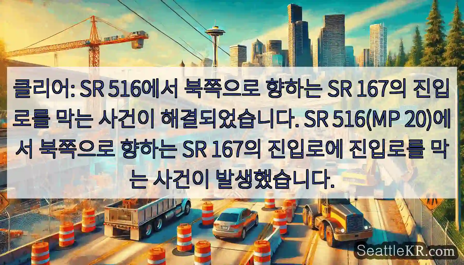 클리어: SR 516에서 북쪽으로 향하는 SR 167의 진입로를 막는 사건이