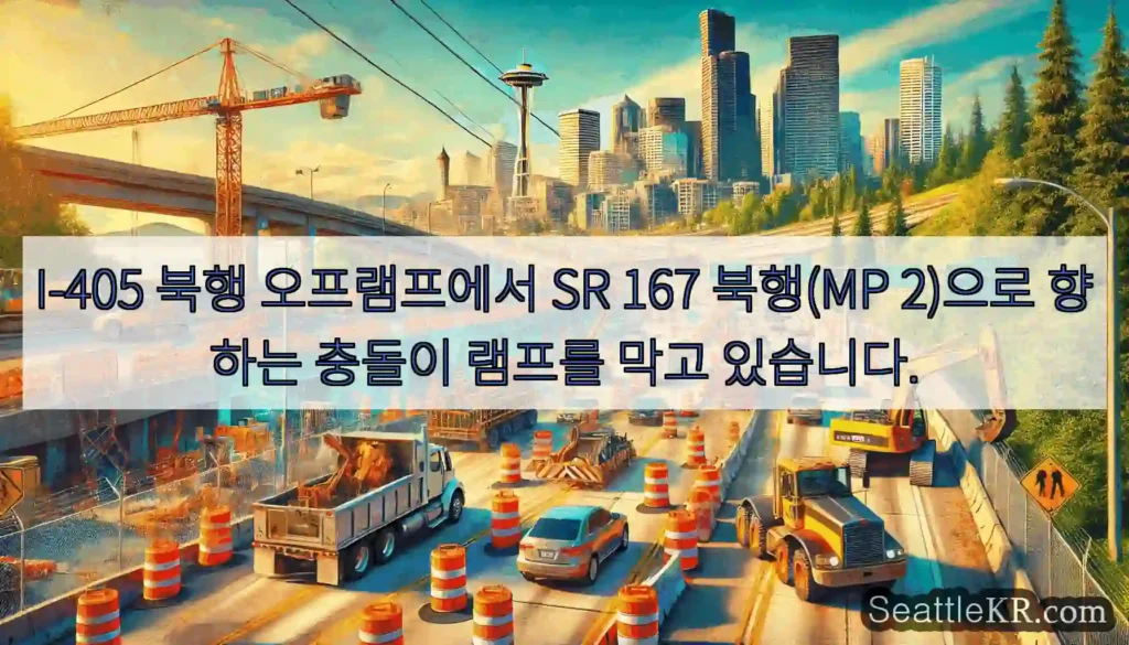 I-405 북행 오프램프에서 SR 167 북행(MP 2)으로 향하는 충돌이 램프를 막고
