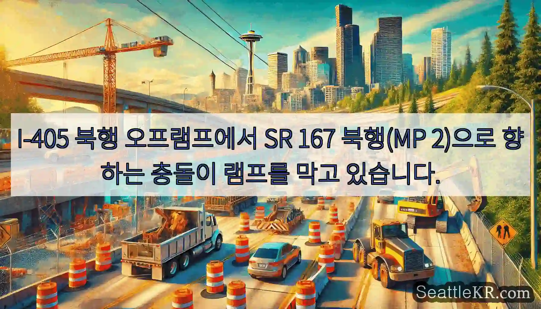 I-405 북행 오프램프에서 SR 167 북행(MP 2)으로 향하는 충돌이 램프를 막고