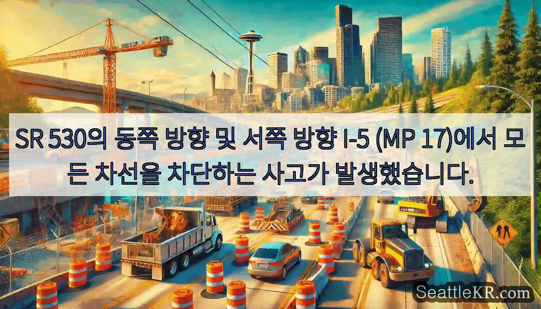 SR 530의 동쪽 방향 및 서쪽 방향 I-5 (MP 17)에서 모든 차선을 차단하는
