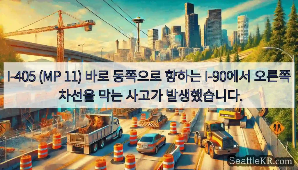 I-405 (MP 11) 바로 동쪽으로 향하는 I-90에서 오른쪽 차선을 막는 사고가
