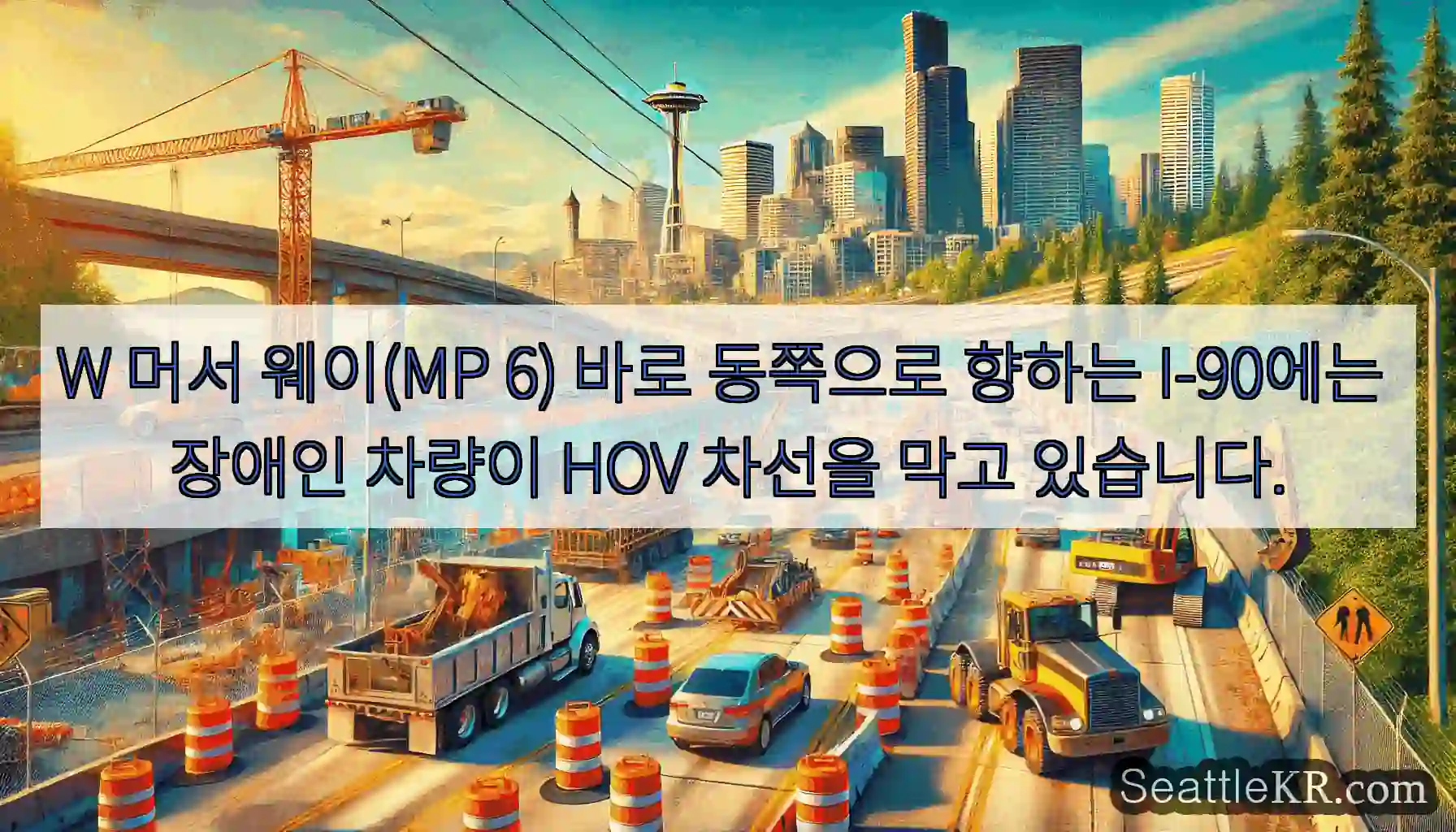 W 머서 웨이(MP 6) 바로 동쪽으로 향하는 I-90에는 장애인 차량이 HOV 차선을