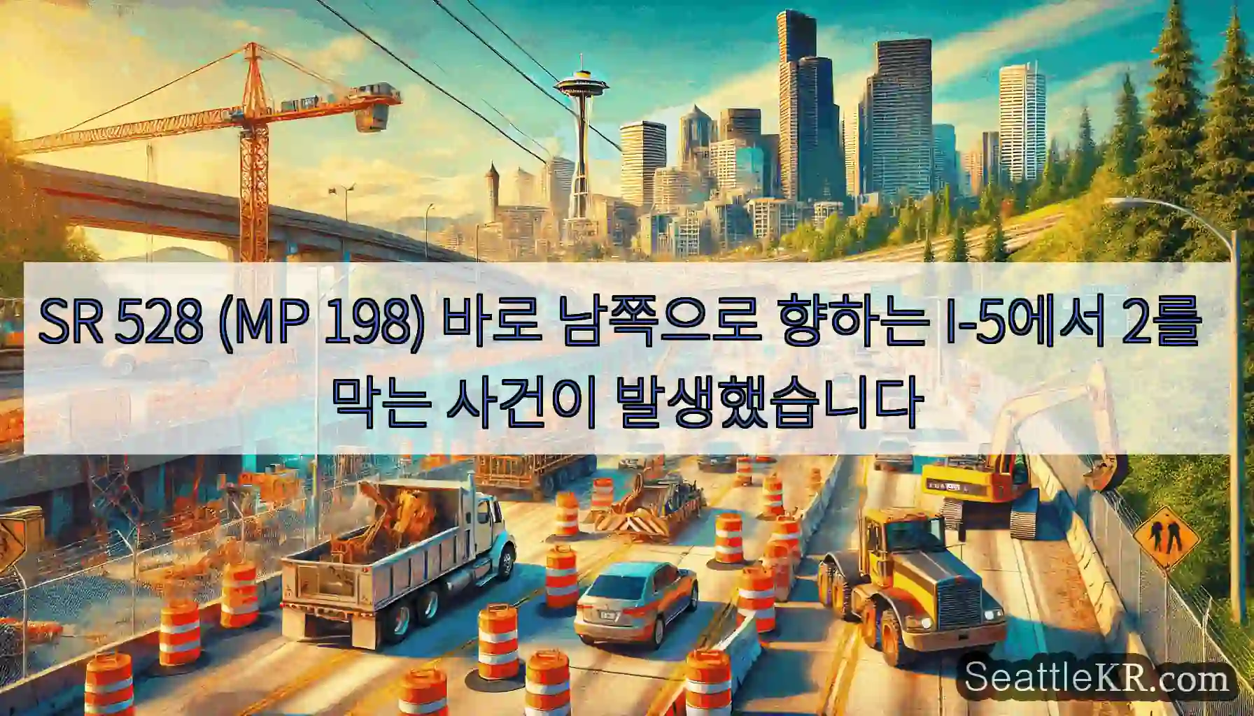 SR 528 (MP 198) 바로 남쪽으로 향하는 I-5에서 2를 막는 사건이 발생했습니다
