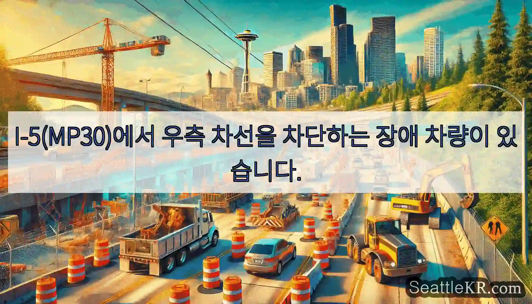 I-5(MP30)에서 우측 차선을 차단하는 장애 차량이 있습니다.