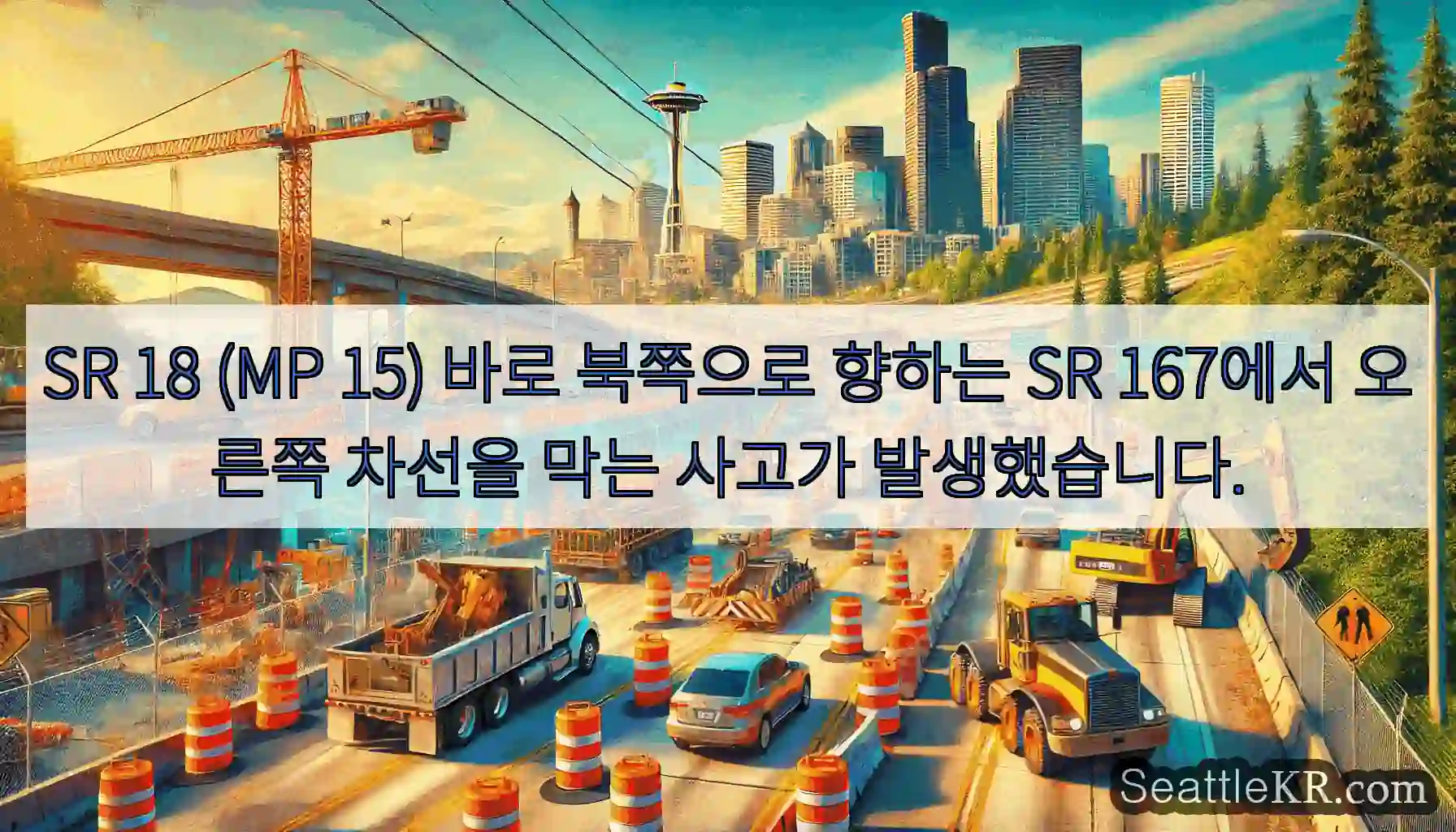 SR 18 (MP 15) 바로 북쪽으로 향하는 SR 167에서 오른쪽 차선을 막는 사고가