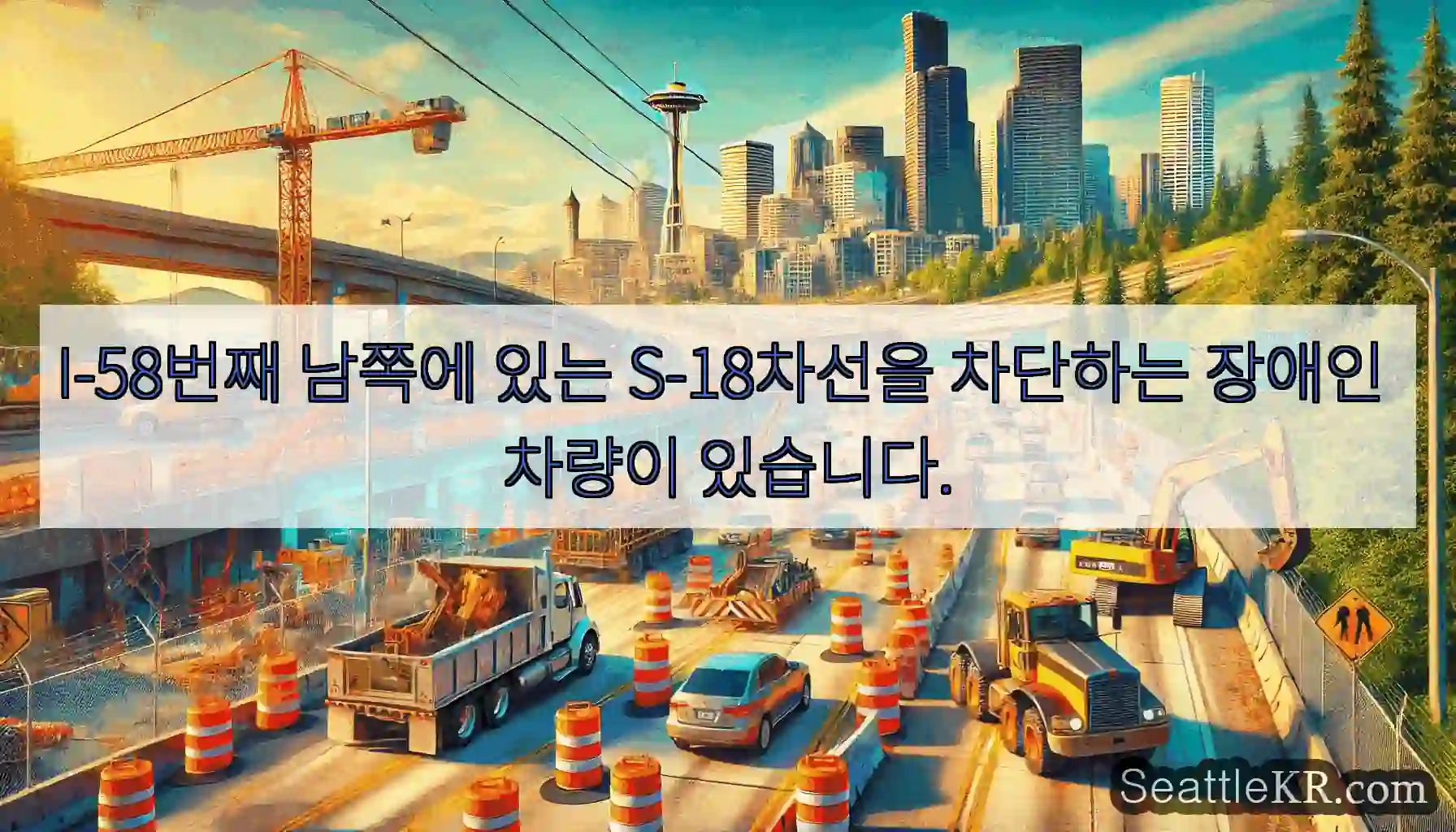 I-58번째 남쪽에 있는 S-18차선을 차단하는 장애인 차량이 있습니다.