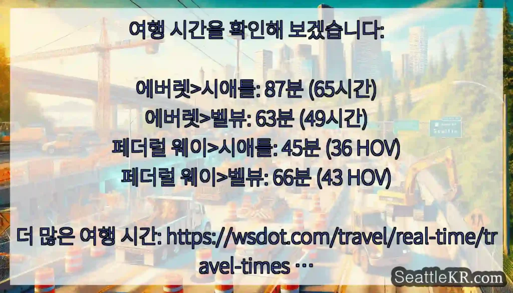 여행 시간을 확인해 보겠습니다: 에버렛>시애틀: 87분 (65시간) 에버렛>벨뷰: