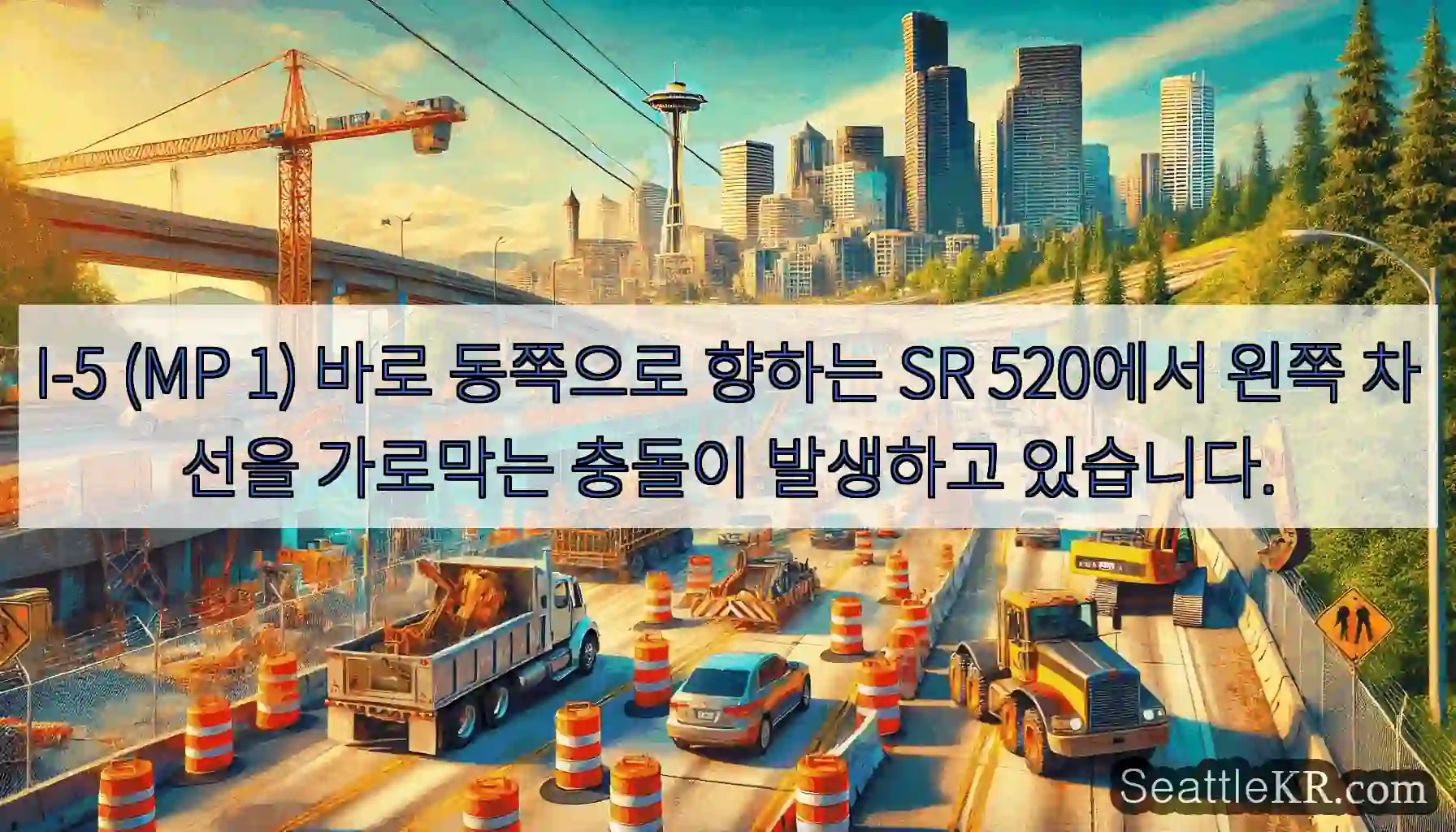 I-5 (MP 1) 바로 동쪽으로 향하는 SR 520에서 왼쪽 차선을 가로막는 충돌이