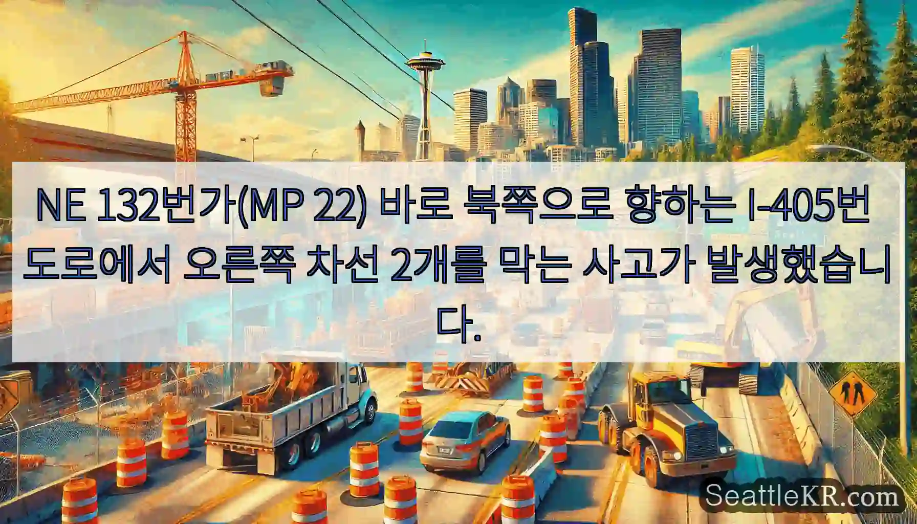 NE 132번가(MP 22) 바로 북쪽으로 향하는 I-405번 도로에서 오른쪽 차선