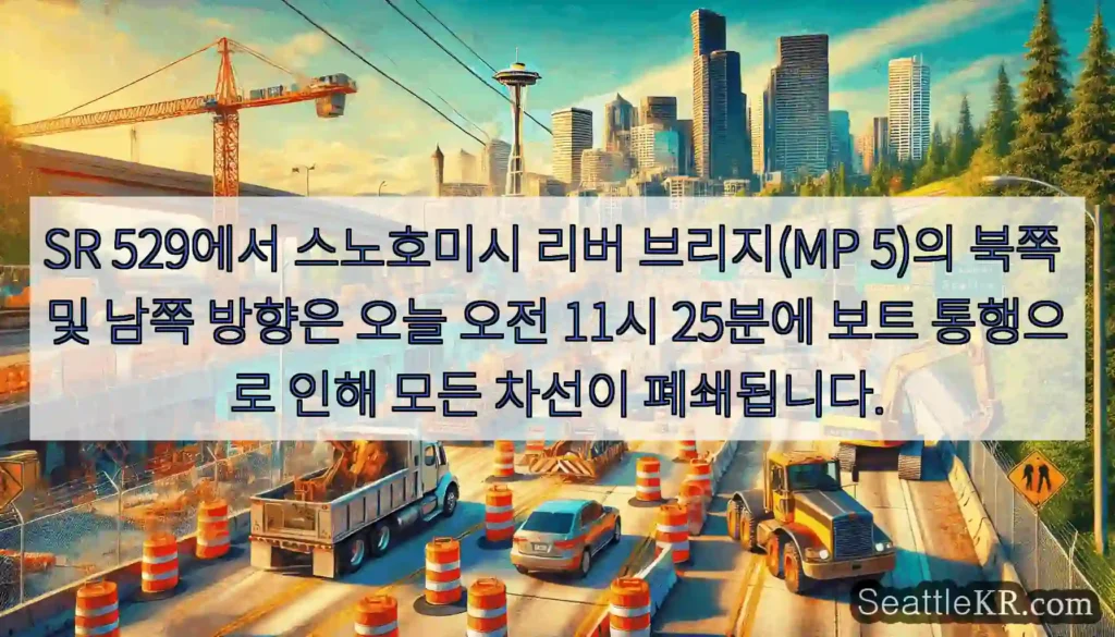 SR 529에서 스노호미시 리버 브리지(MP 5)의 북쪽 및 남쪽 방향은 오늘 오전