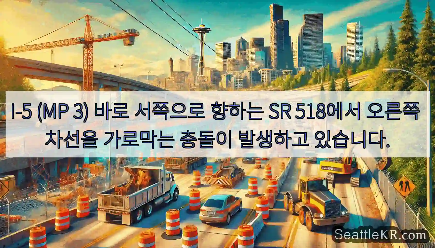 I-5 (MP 3) 바로 서쪽으로 향하는 SR 518에서 오른쪽 차선을 가로막는 충돌이