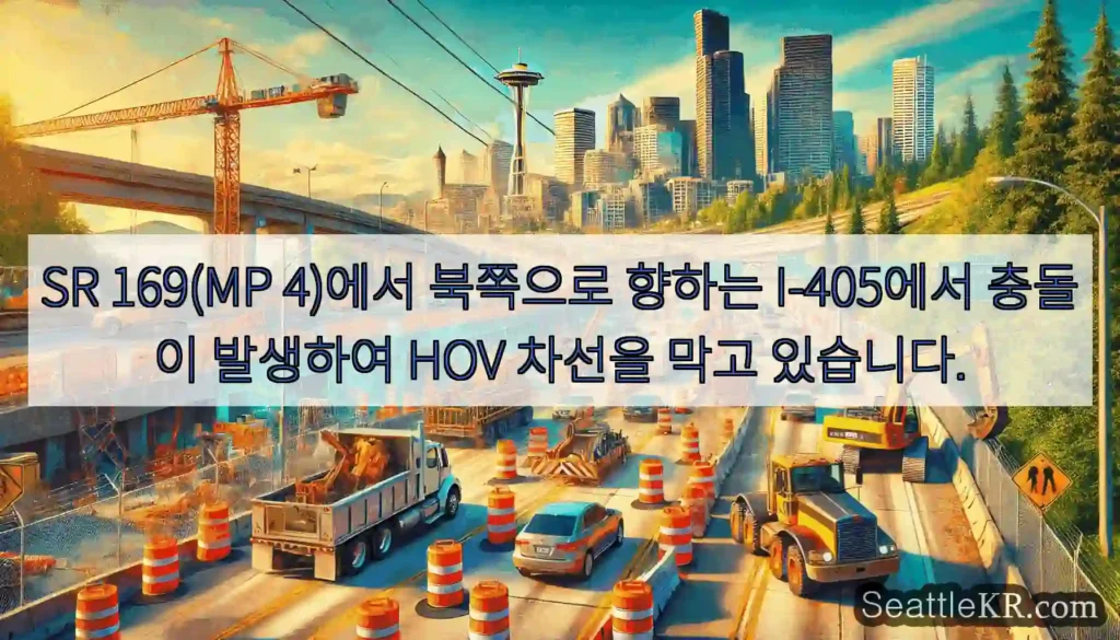 SR 169(MP 4)에서 북쪽으로 향하는 I-405에서 충돌이 발생하여 HOV 차선을