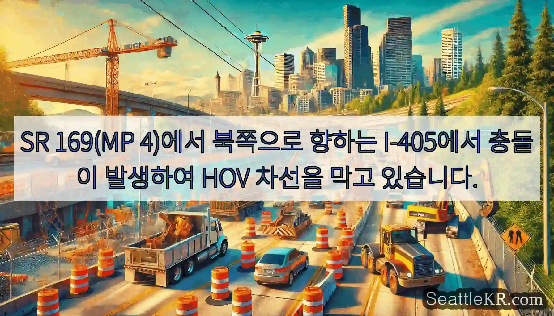 SR 169(MP 4)에서 북쪽으로 향하는 I-405에서 충돌이 발생하여 HOV 차선을