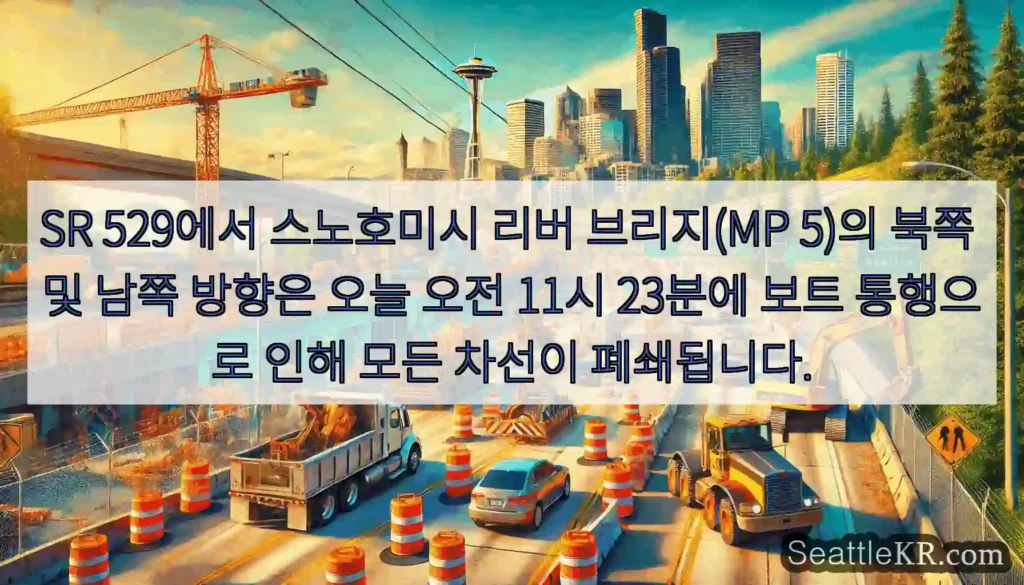 SR 529에서 스노호미시 리버 브리지(MP 5)의 북쪽 및 남쪽 방향은 오늘 오전