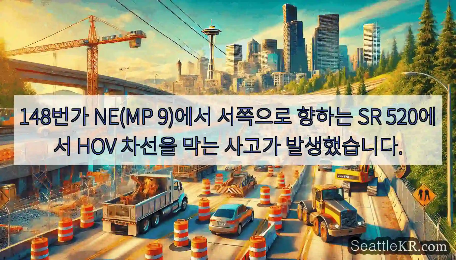 148번가 NE(MP 9)에서 서쪽으로 향하는 SR 520에서 HOV 차선을 막는 사고가