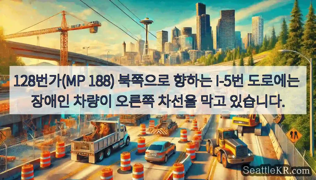 128번가(MP 188) 북쪽으로 향하는 I-5번 도로에는 장애인 차량이 오른쪽 차선을