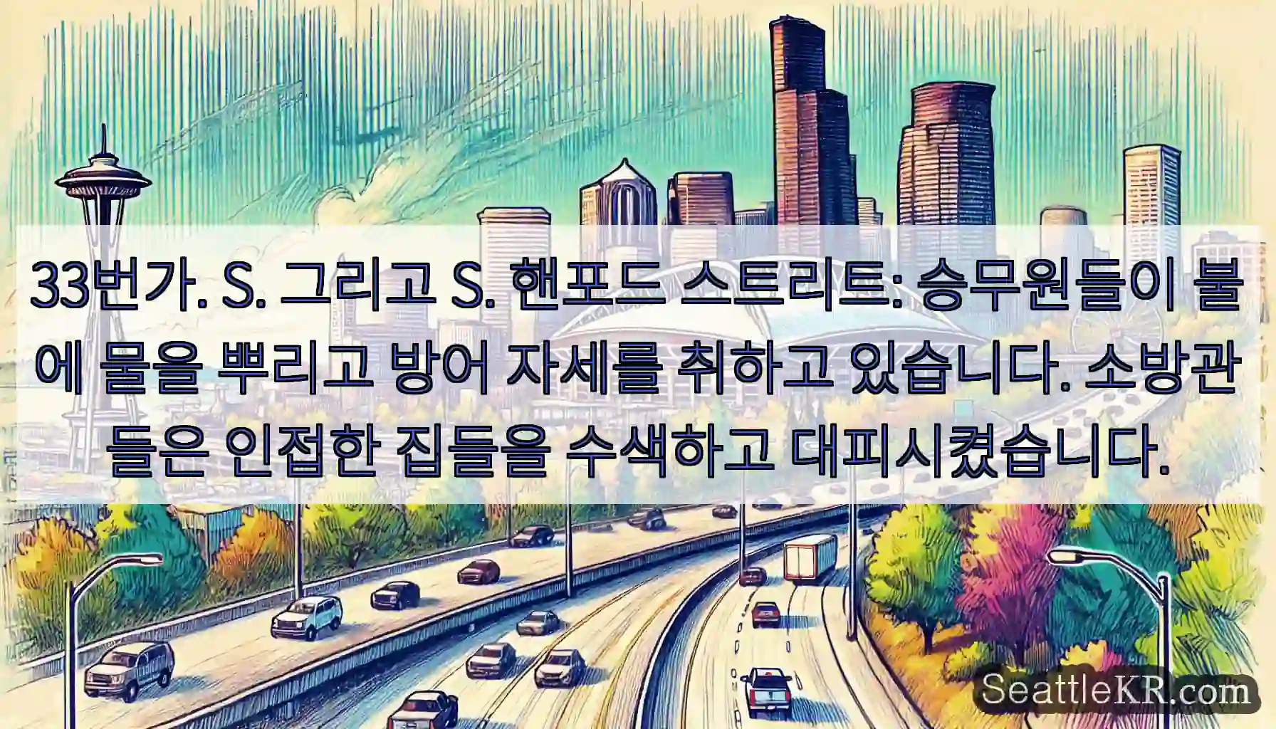 33번가. S. 그리고 S. 핸포드 스트리트: 승무원들이 불에 물을 뿌리고 방어 자세를