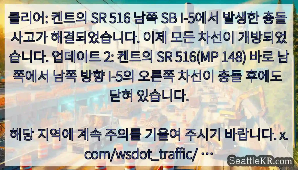 클리어: 켄트의 SR 516 남쪽 SB I-5에서 발생한 충돌 사고가 해결되었습니다.