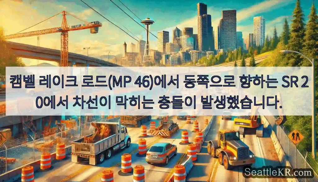 캠벨 레이크 로드(MP 46)에서 동쪽으로 향하는 SR 20에서 차선이 막히는 충돌이