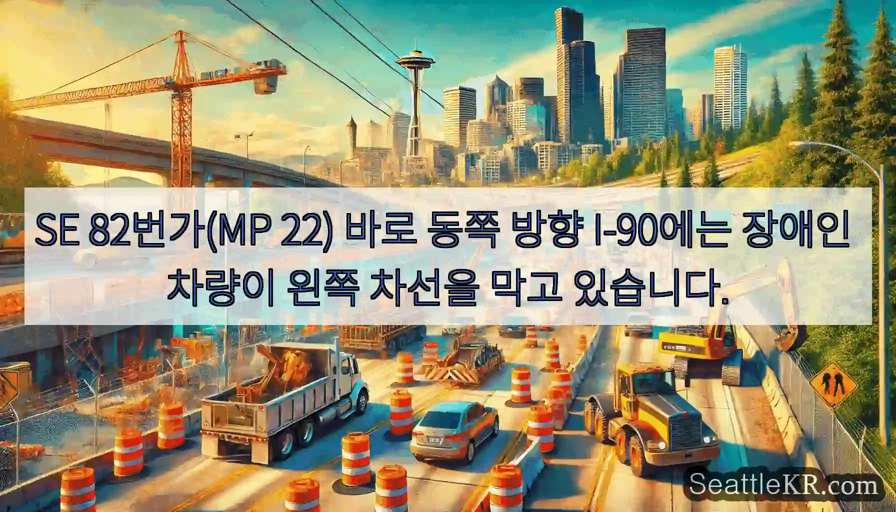 SE 82번가(MP 22) 바로 동쪽 방향 I-90에는 장애인 차량이 왼쪽 차선을 막고