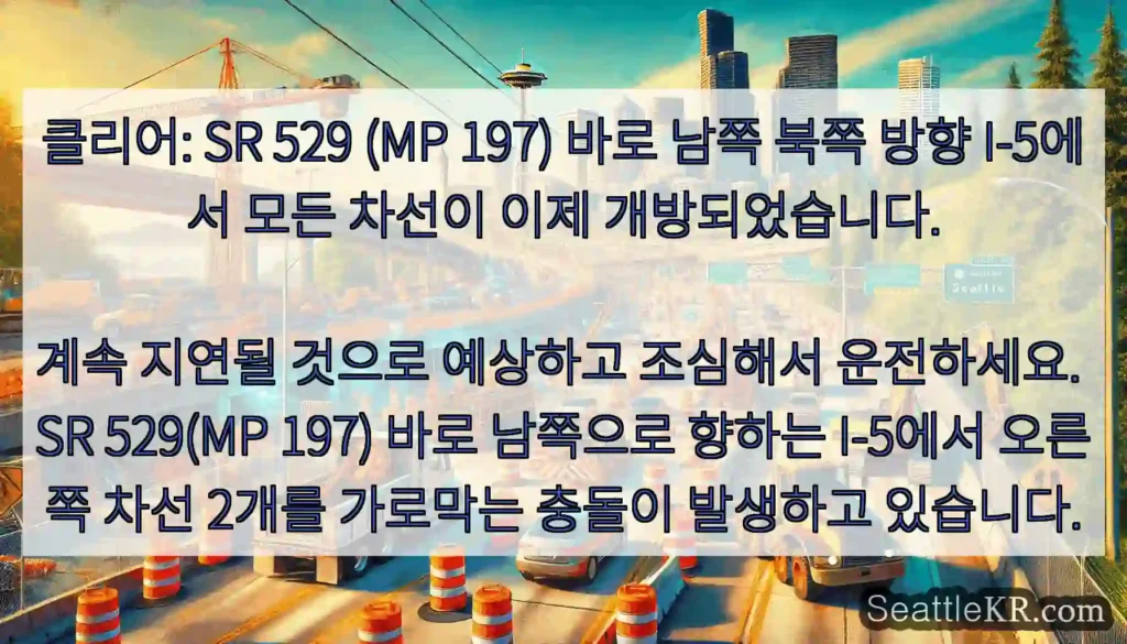 클리어: SR 529 (MP 197) 바로 남쪽 북쪽 방향 I-5에서 모든 차선이 이제