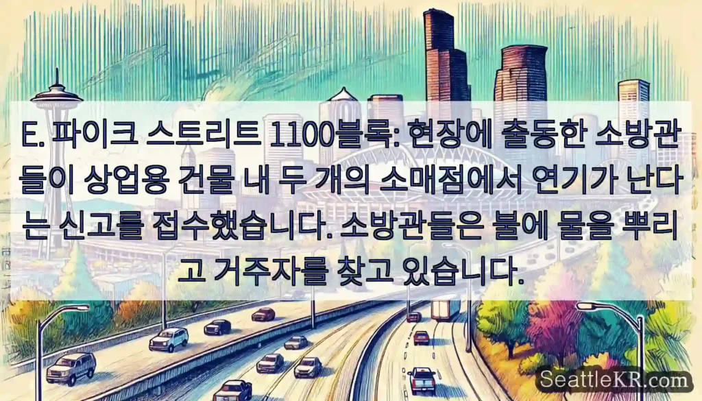 E. 파이크 스트리트 1100블록: 현장에 출동한 소방관들이 상업용 건물 내 두 개의