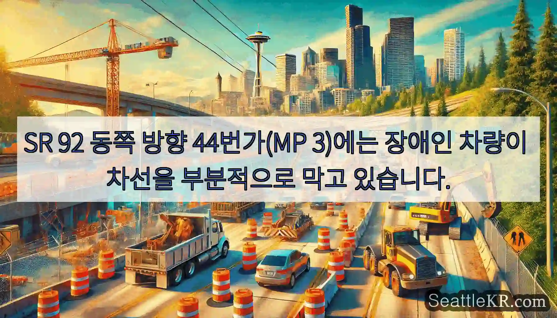 SR 92 동쪽 방향 44번가(MP 3)에는 장애인 차량이 차선을 부분적으로 막고