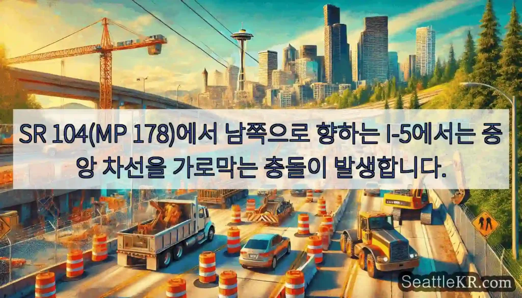SR 104(MP 178)에서 남쪽으로 향하는 I-5에서는 중앙 차선을 가로막는 충돌이