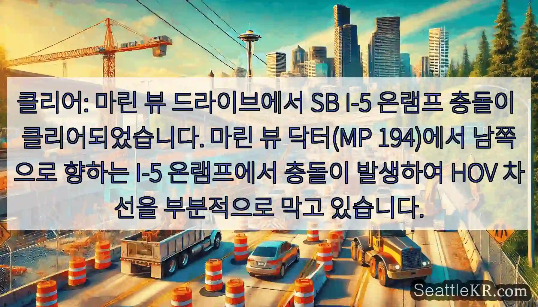 클리어: 마린 뷰 드라이브에서 SB I-5 온램프 충돌이 클리어되었습니다. 마린 뷰