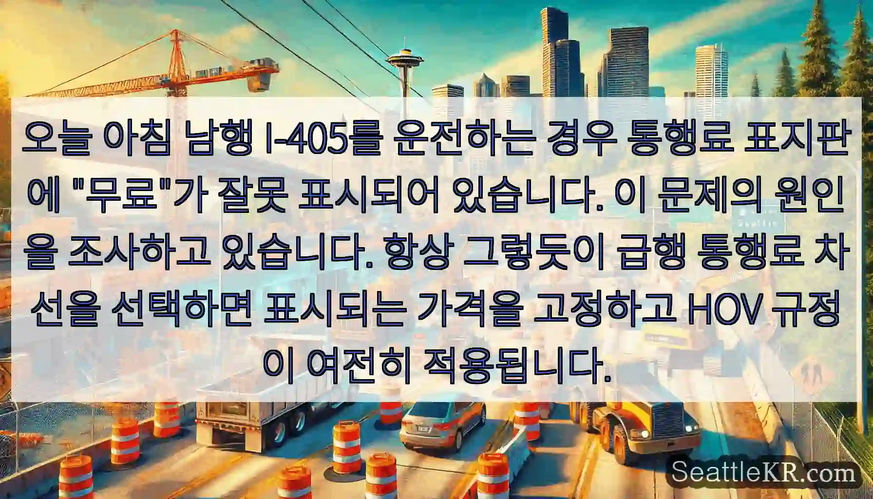 오늘 아침 남행 I-405를 운전하는 경우 통행료 표지판에 