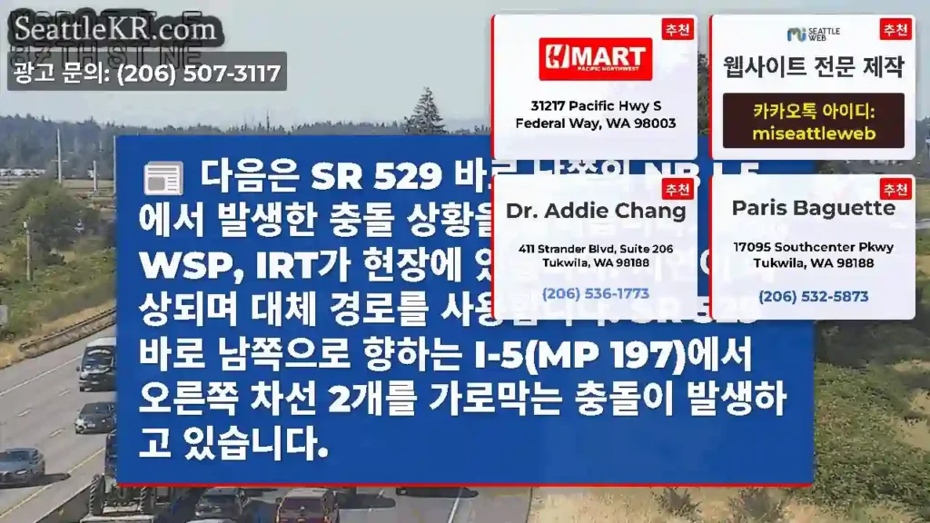 다음은 SR 529 바로 남쪽의 NB I-5에서 발생한 충돌 상황을 살펴봅니다. 화재,