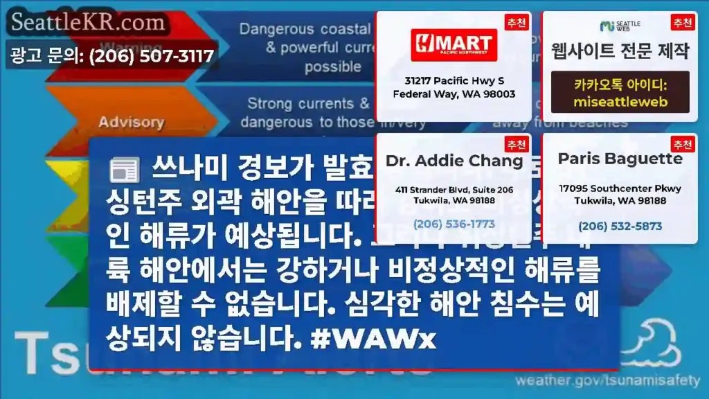쓰나미 경보가 발효 중입니다. 주로 워싱턴주 외곽 해안을 따라 강하고 비정상적인 해류가