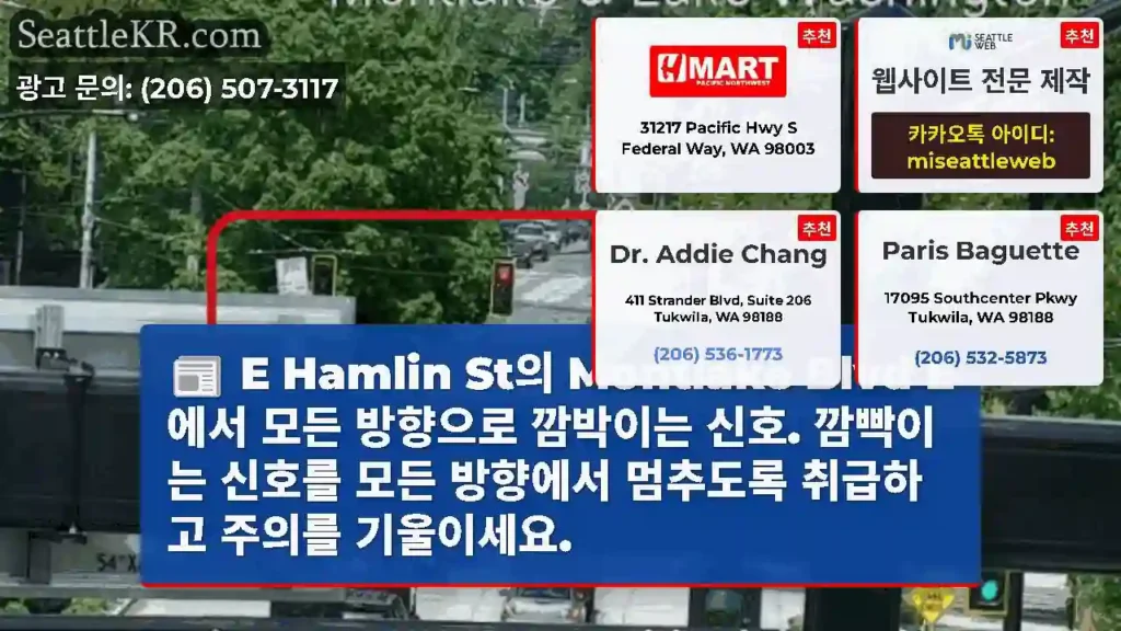 E Hamlin St의 Montlake Blvd E에서 모든 방향으로 깜박이는 신호.