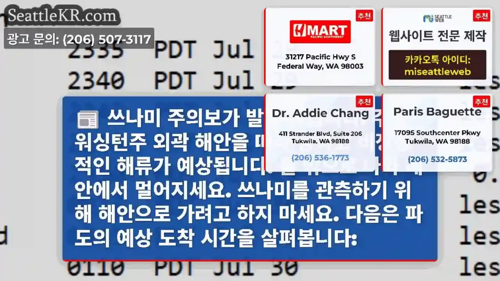 쓰나미 주의보가 발효 중입니다. 주로 워싱턴주 외곽 해안을 따라 강하고 비정상적인 해류가