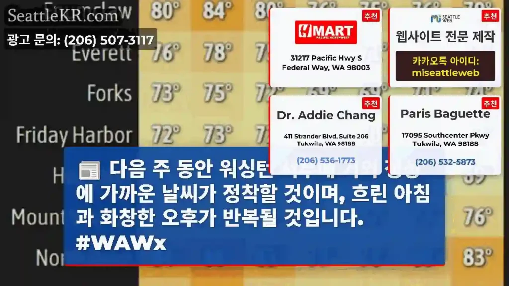 다음 주 동안 워싱턴 서부에 거의 정상에 가까운 날씨가 정착할 것이며, 흐린 아침과